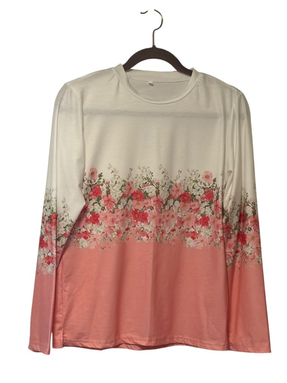 Womens Size Medium Pink White Floral Colorblock Long Sleeve Pullover Tshirt Shir